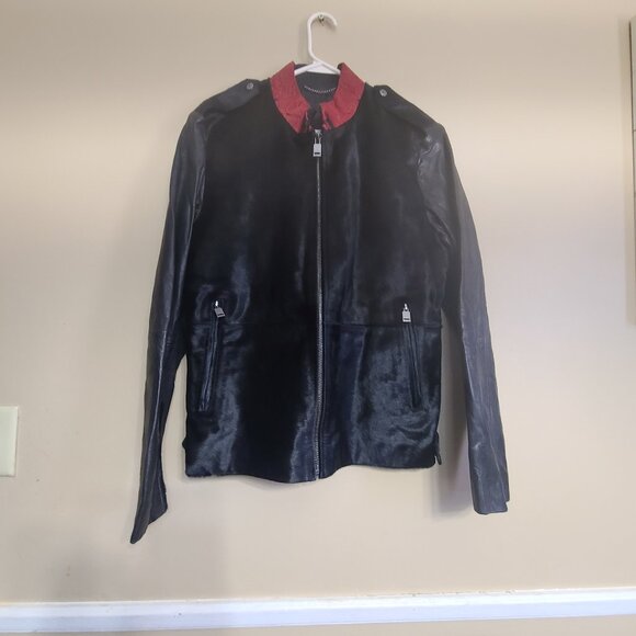 ZARA MEN COWHIDE LEATHER W FAUX FUR JACKET ZIPPERED  BLACK W RED COLLAR 42 L - Picture 1 of 5